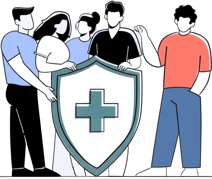 Equipo de PlanesPro protegiendo a una familia con un escudo de salud.